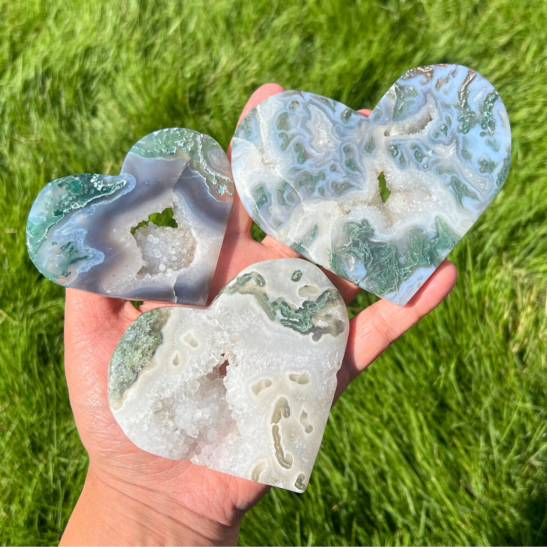 Unique Moss Agate Geode Heart