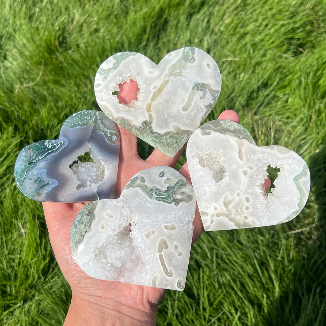 Unique Moss Agate Geode Heart