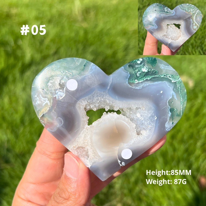 Unique Moss Agate Geode Heart