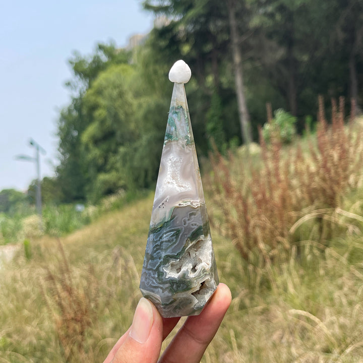 Unique,Natural Moss Agate Diamond Tower Crystal