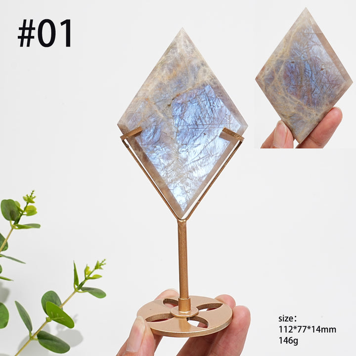Unique,Natural Sunstone-Moonstone Diamond Slice With Stand
