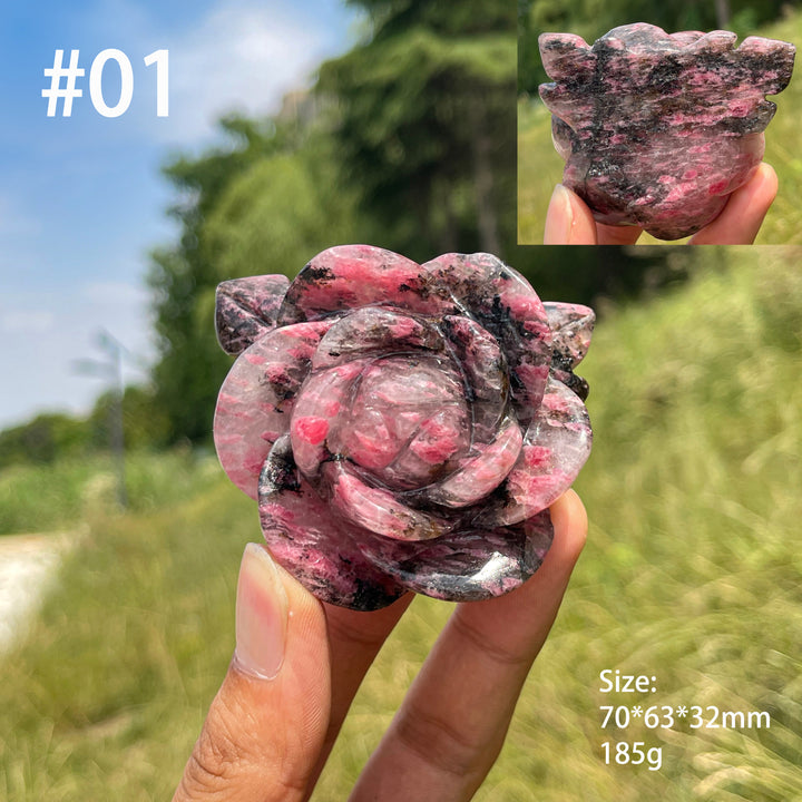 Unique,Natural Rhodonite In Quartz Peony Blossom Carving