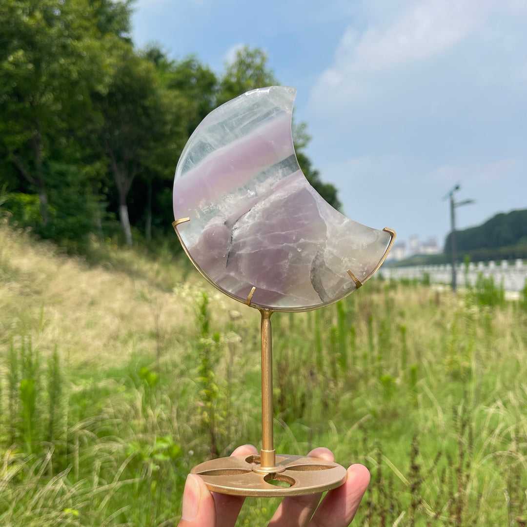 Unique,Natural Crystal Lavender Fluorite Moon With Stand