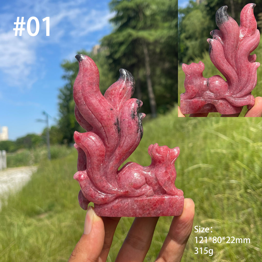 Unique,A Slightly Imperfect Natural Rhodonite In Quartz Nine-Tailed Fox Carving