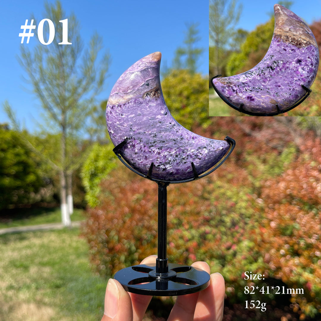 Unique,Natural Charoite Carved Moon With Stand