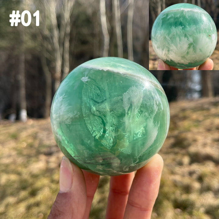 Unique,Imperfect Natural Crystal Feather Fluorite Sphere