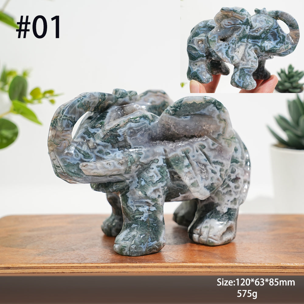 Unique,Natural Moss Agate Elephant Carving
