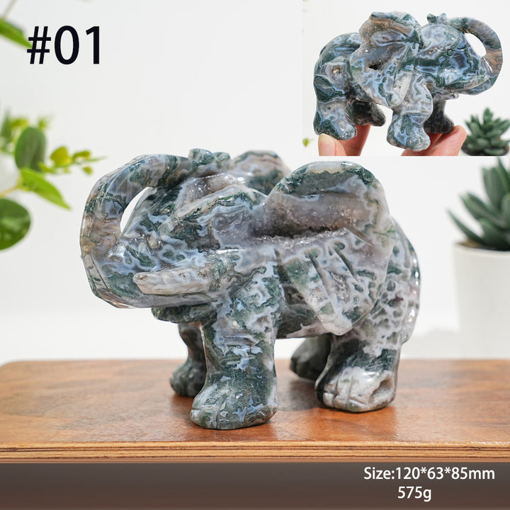 Unique,Natural Moss Agate Elephant Carving