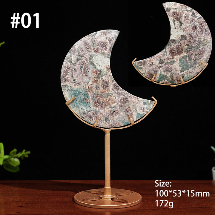 Unique,Natural Green Sakura Stone Moon Wth Stand