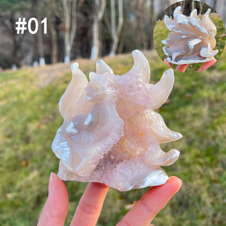 Unique,Natural Crystal Carving Orca Agate Nine-Tailed Fox