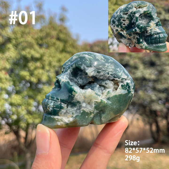 Unique,Natural Crystal Carving Moss Agate Skull