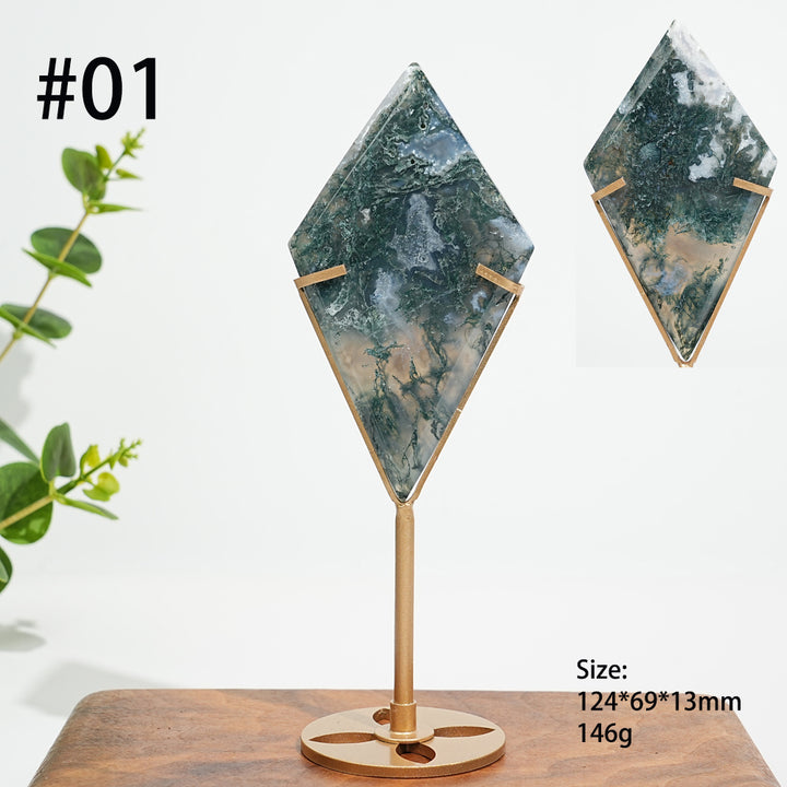 Unique,Natural Moss Agate Diamond Slice With Stand