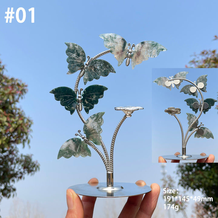 Unique,Natural Crystal Moss Agate Butterfly Sphere Stand