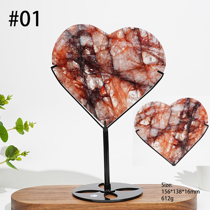 Unique,Natural Crystal Fire Quartz Heart With Stand