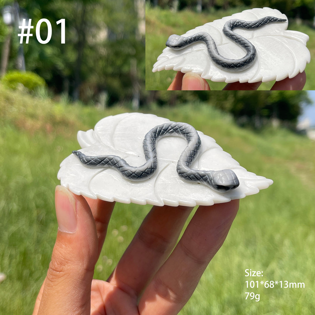 Unique, Natural TaiJi Stone Snake On Leaf Carving
