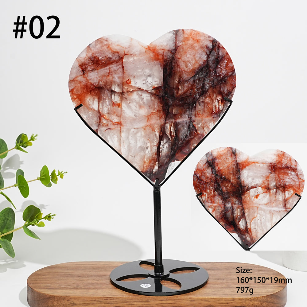 Unique,Natural Crystal Fire Quartz Heart With Stand