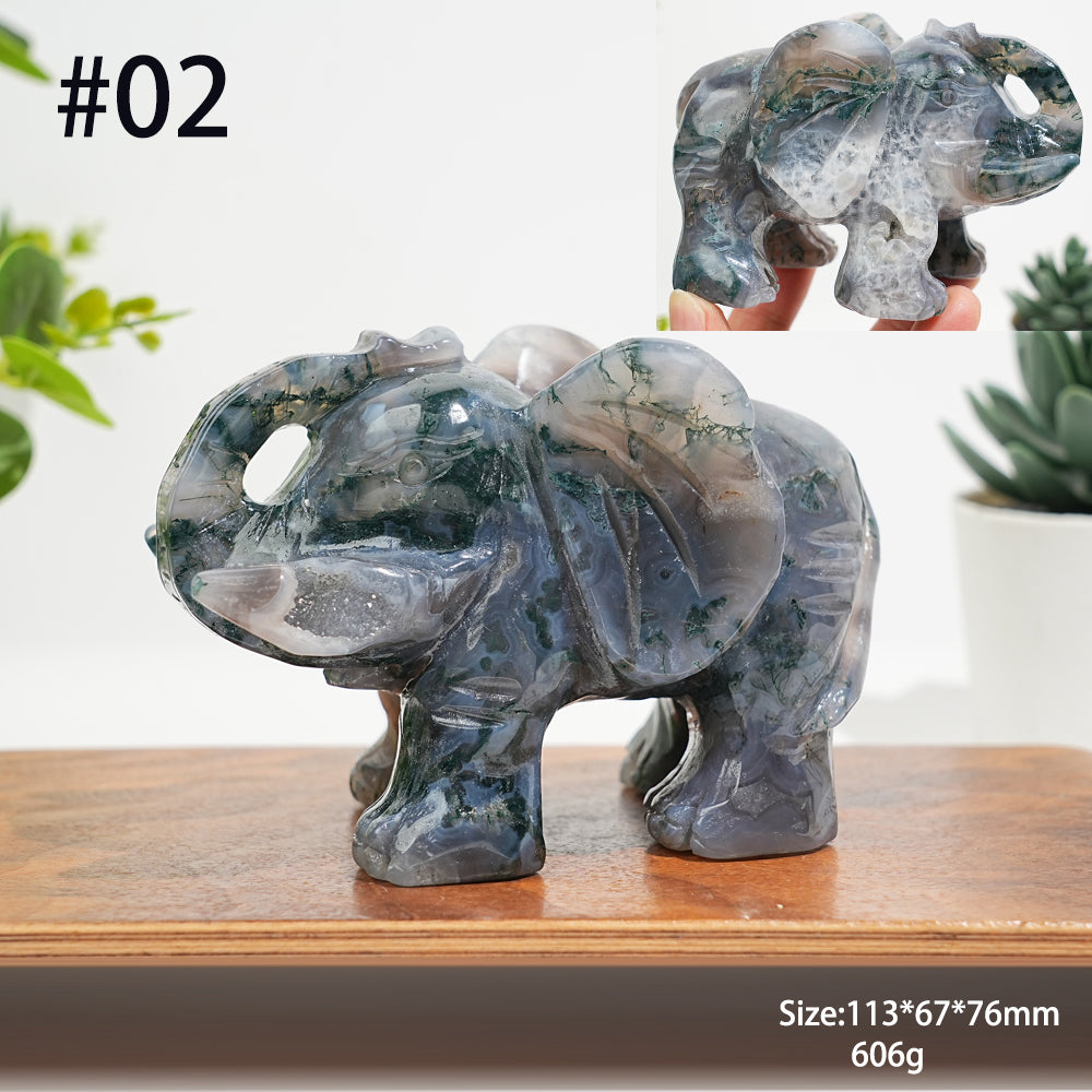 Unique,Natural Moss Agate Elephant Carving