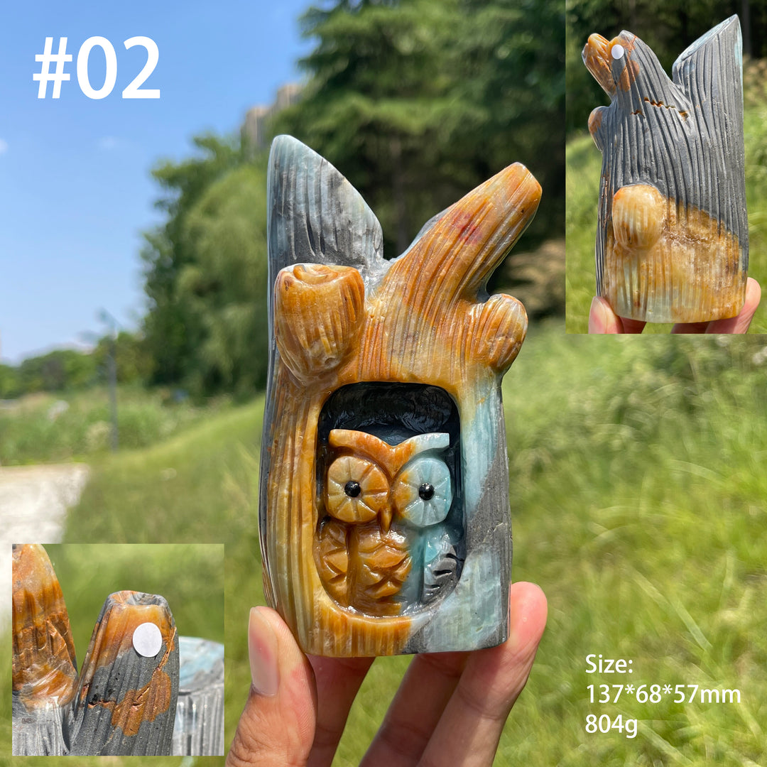 Unique,A Slightly Imperfect Natural Blue Quartzite Owl Tree Stump Carving