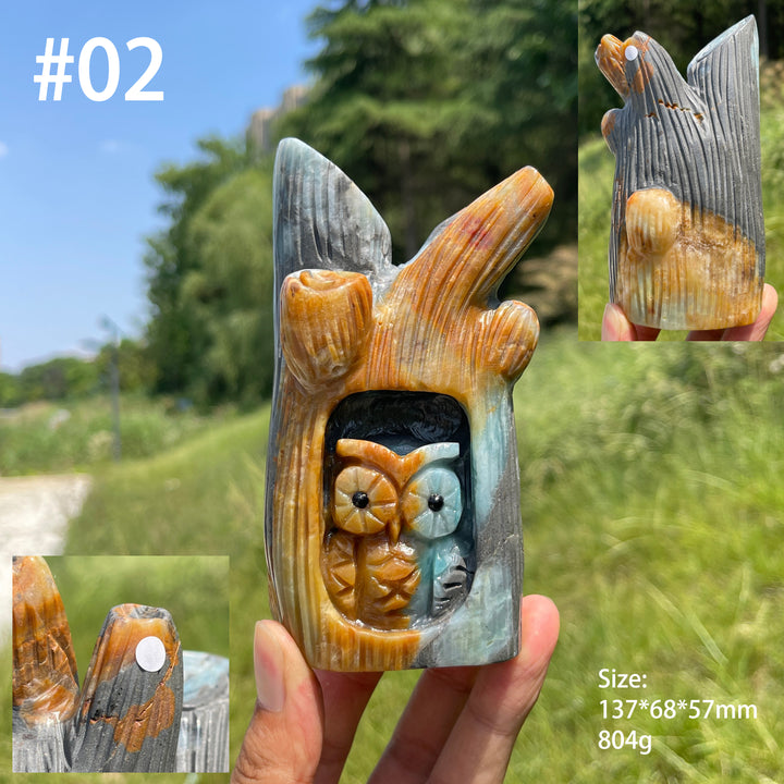 Unique,A Slightly Imperfect Natural Blue Quartzite Owl Tree Stump Carving