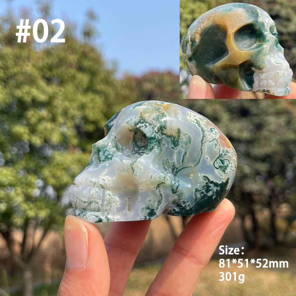 Unique,Natural Crystal Carving Moss Agate Skull