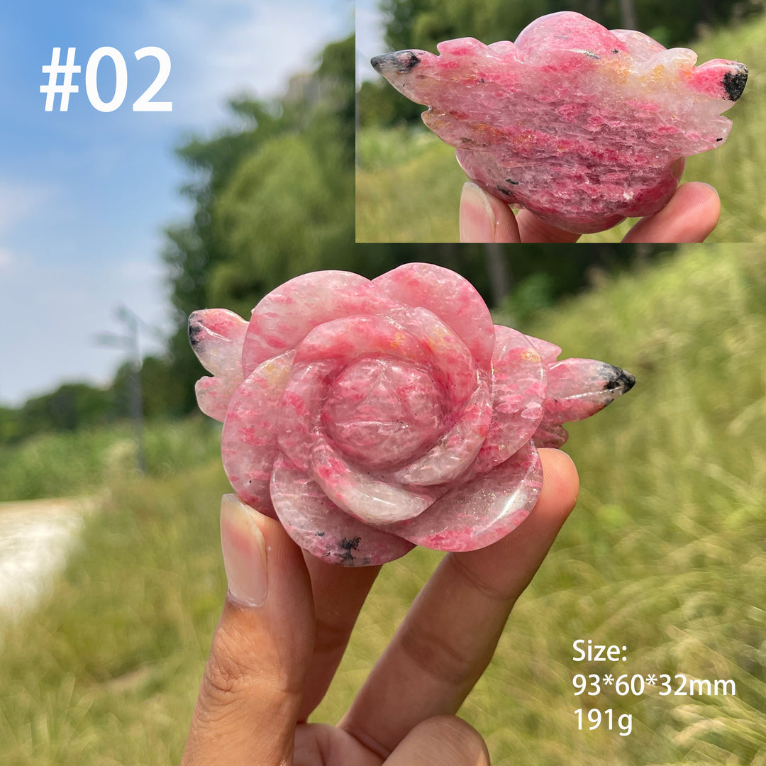 Unique,Natural Rhodonite In Quartz Peony Blossom Carving