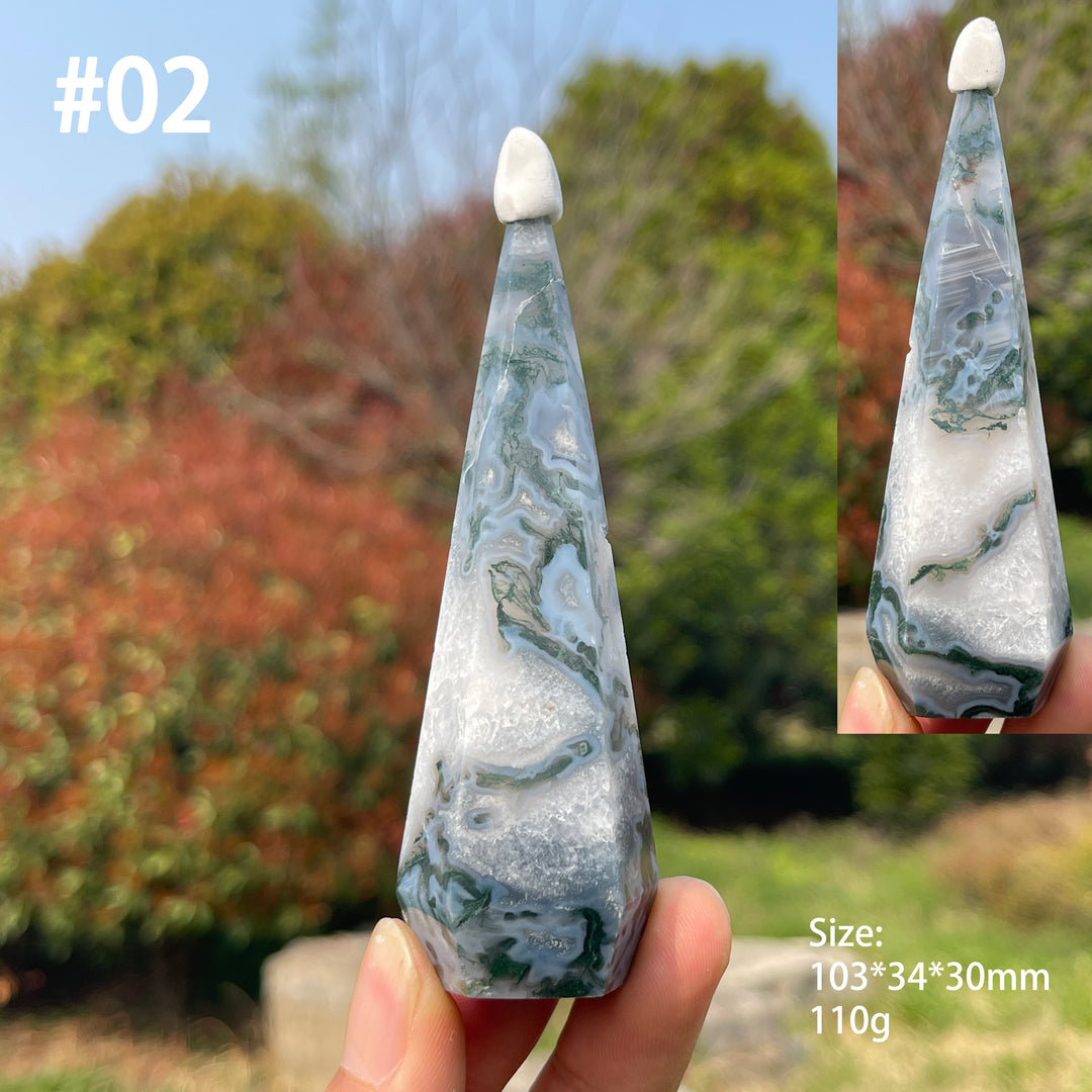 Unique,Natural Moss Agate Diamond Tower Crystal