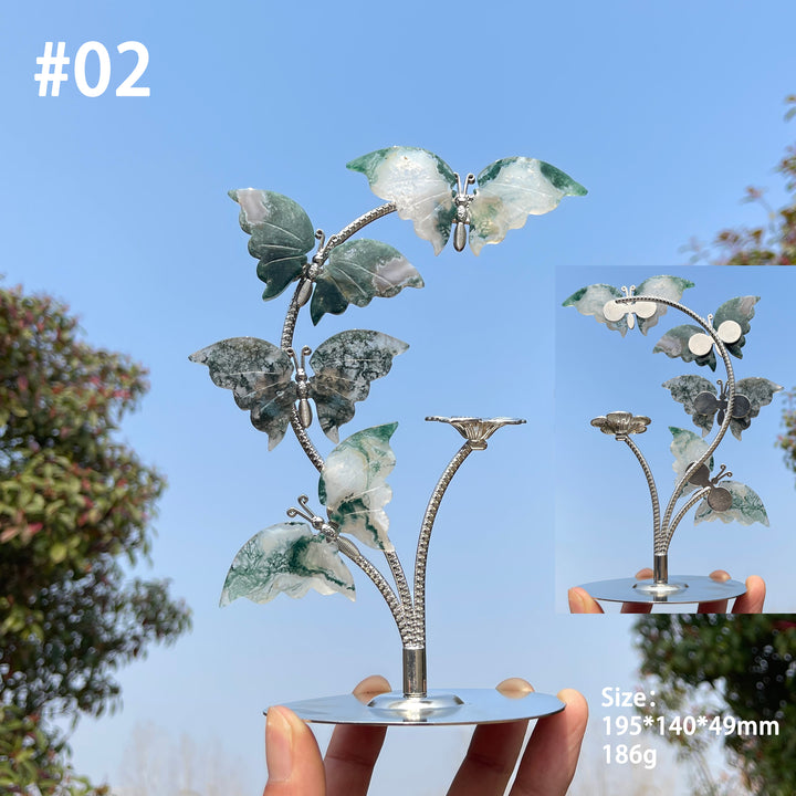 Unique,Natural Crystal Moss Agate Butterfly Sphere Stand