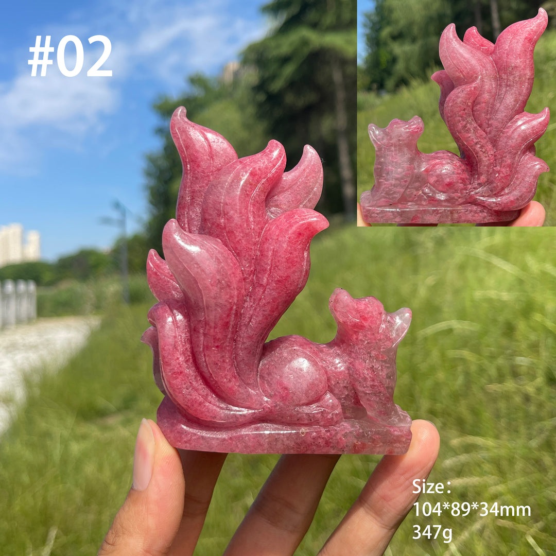 Unique,A Slightly Imperfect Natural Rhodonite In Quartz Nine-Tailed Fox Carving