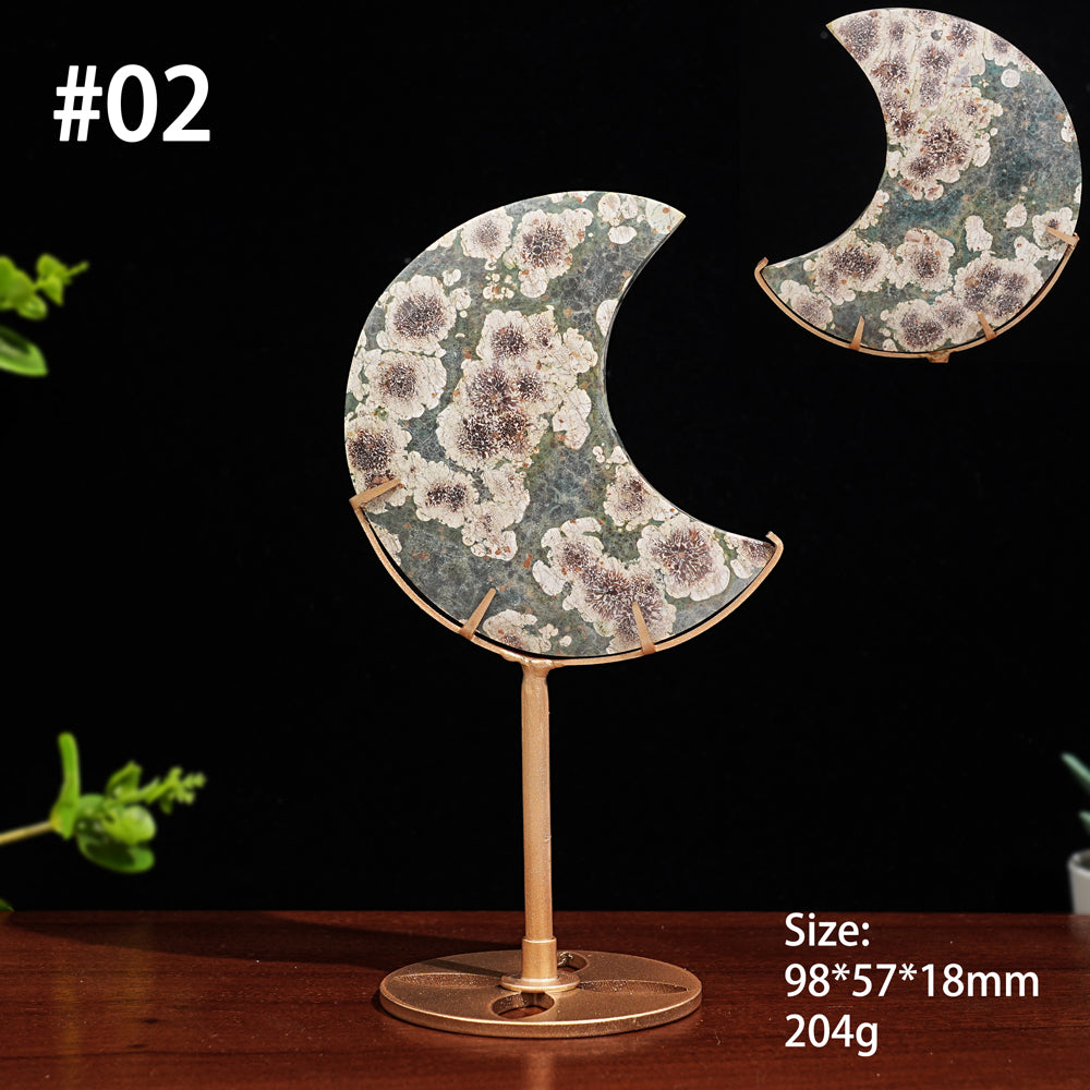 Unique,Natural Green Sakura Stone Moon Wth Stand
