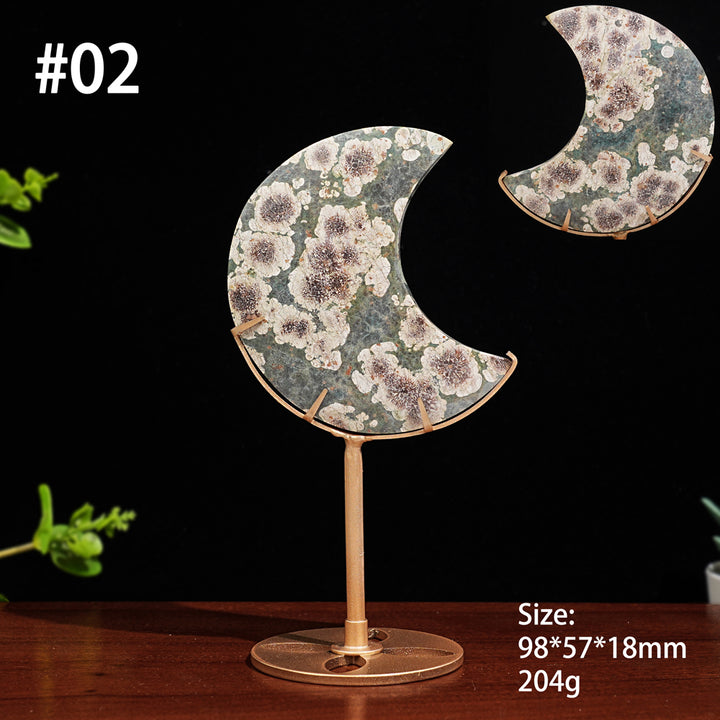 Unique,Natural Green Sakura Stone Moon Wth Stand