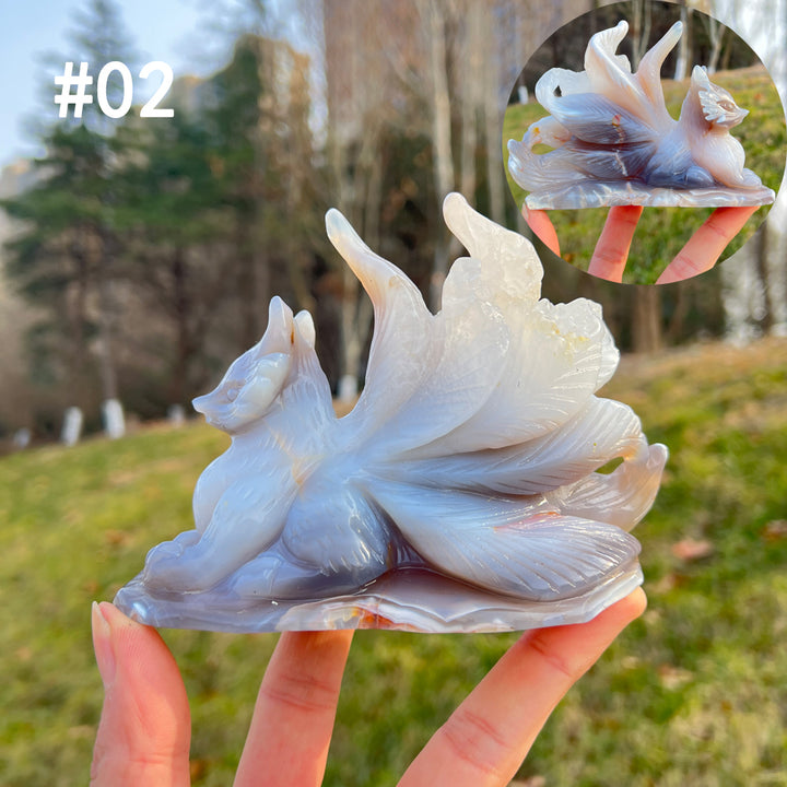 Unique,Natural Crystal Carving Orca Agate Nine-Tailed Fox