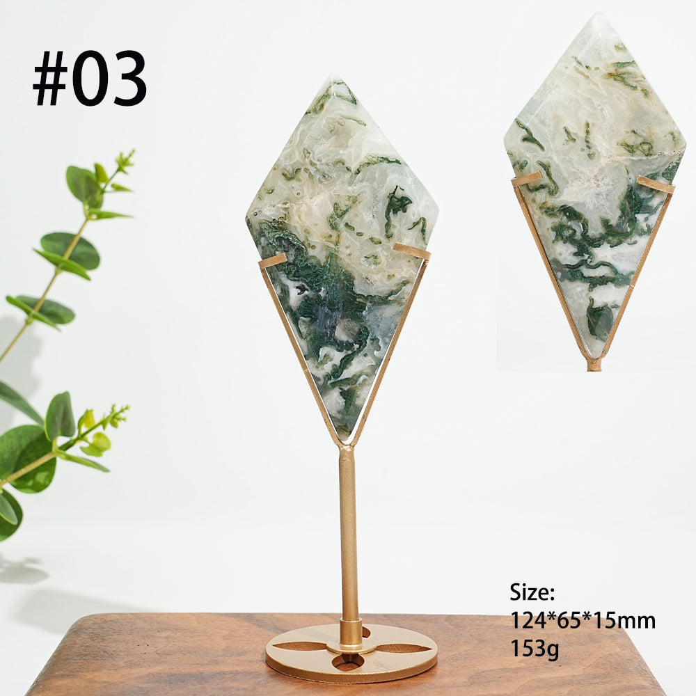 Unique,Natural Moss Agate Diamond Slice With Stand
