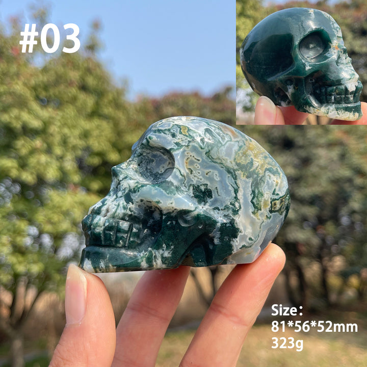 Unique,Natural Crystal Carving Moss Agate Skull