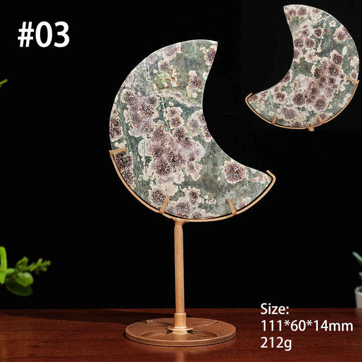 Unique,Natural Green Sakura Stone Moon Wth Stand