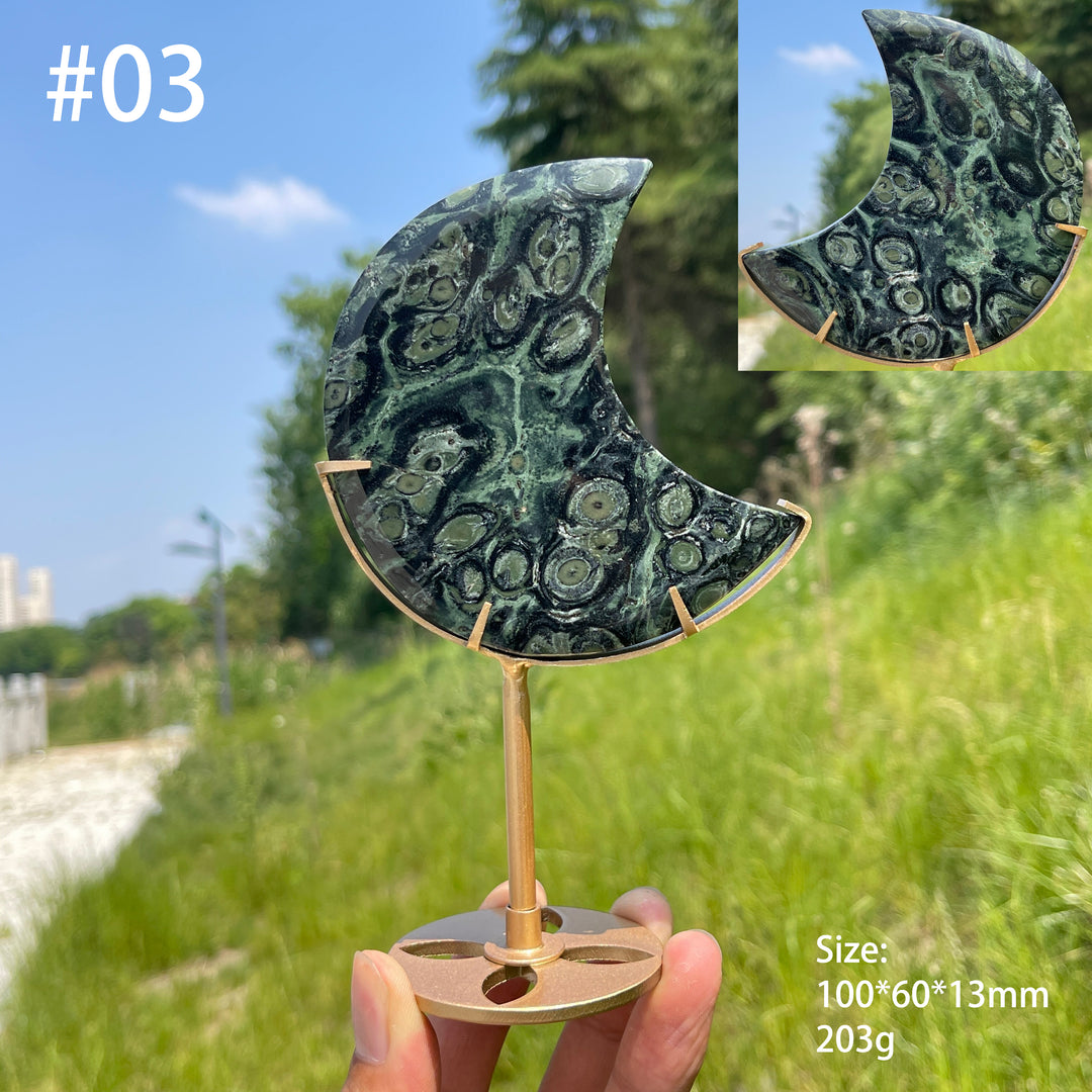Unique,Natural Kambaba Jasper Crescent Moon Carving On Stand