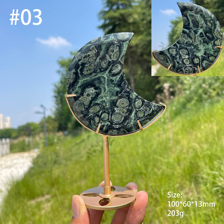 Unique,Natural Kambaba Jasper Crescent Moon Carving On Stand