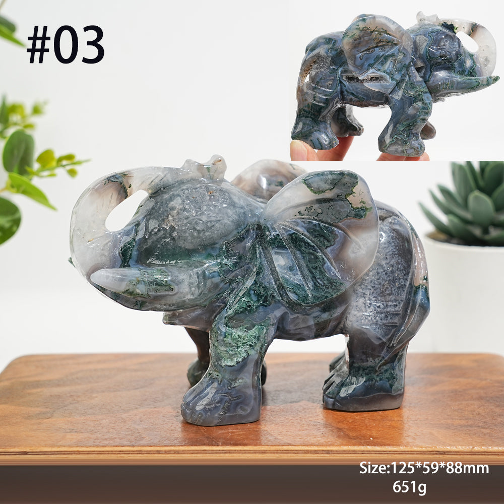 Unique,Natural Moss Agate Elephant Carving