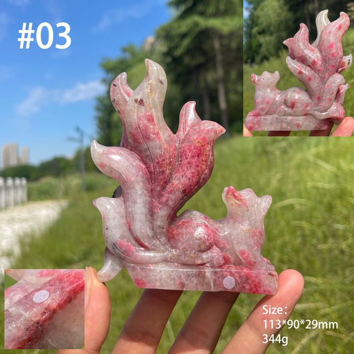 Unique,A Slightly Imperfect Natural Rhodonite In Quartz Nine-Tailed Fox Carving