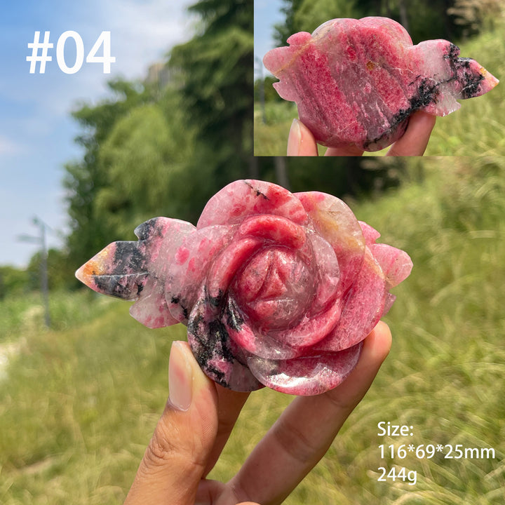 Unique,Natural Rhodonite In Quartz Peony Blossom Carving