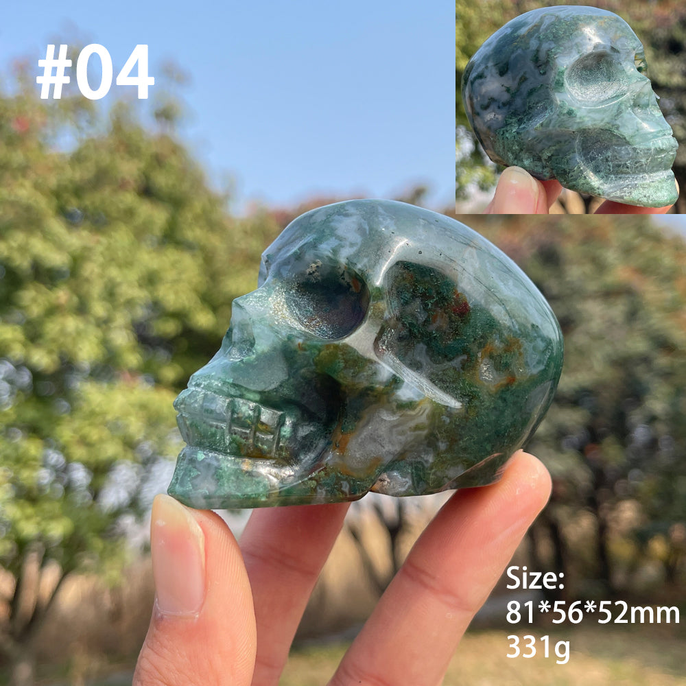 Unique,Natural Crystal Carving Moss Agate Skull