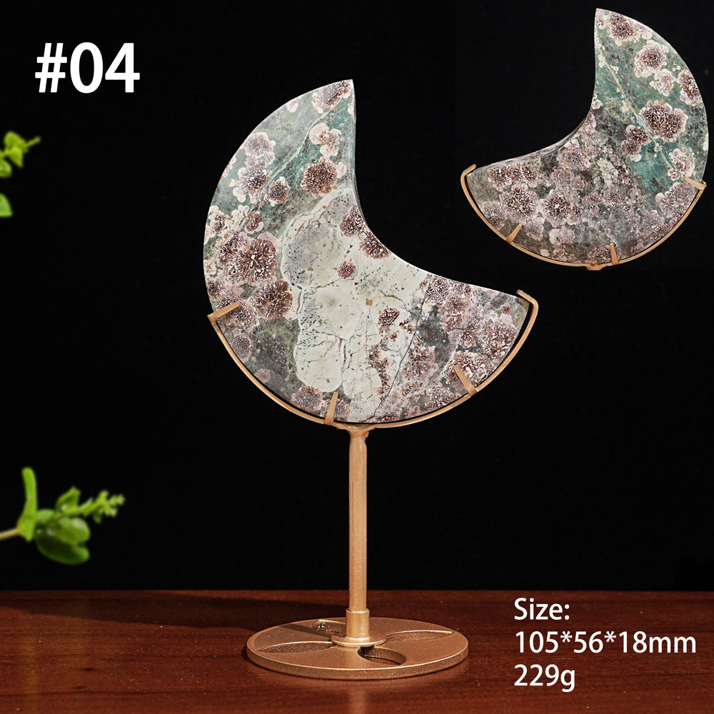 Unique,Natural Green Sakura Stone Moon Wth Stand