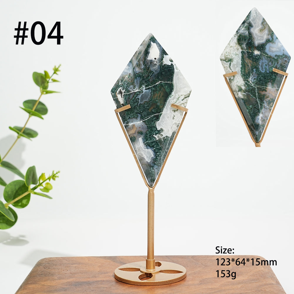 Unique,Natural Moss Agate Diamond Slice With Stand