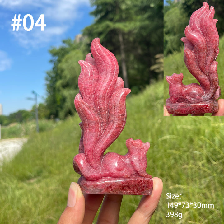 Unique,A Slightly Imperfect Natural Rhodonite In Quartz Nine-Tailed Fox Carving