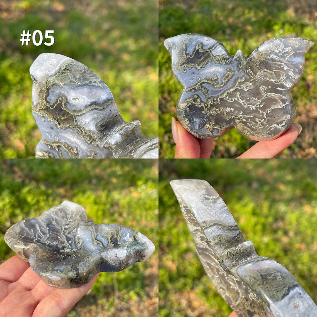 Unique,Natural Moss Agate Butterfly Bowl