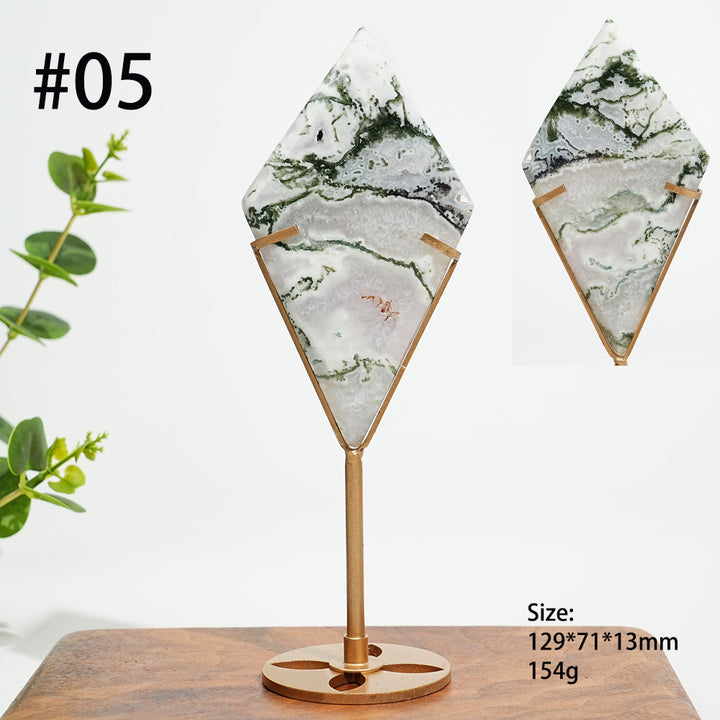 Unique,Natural Moss Agate Diamond Slice With Stand