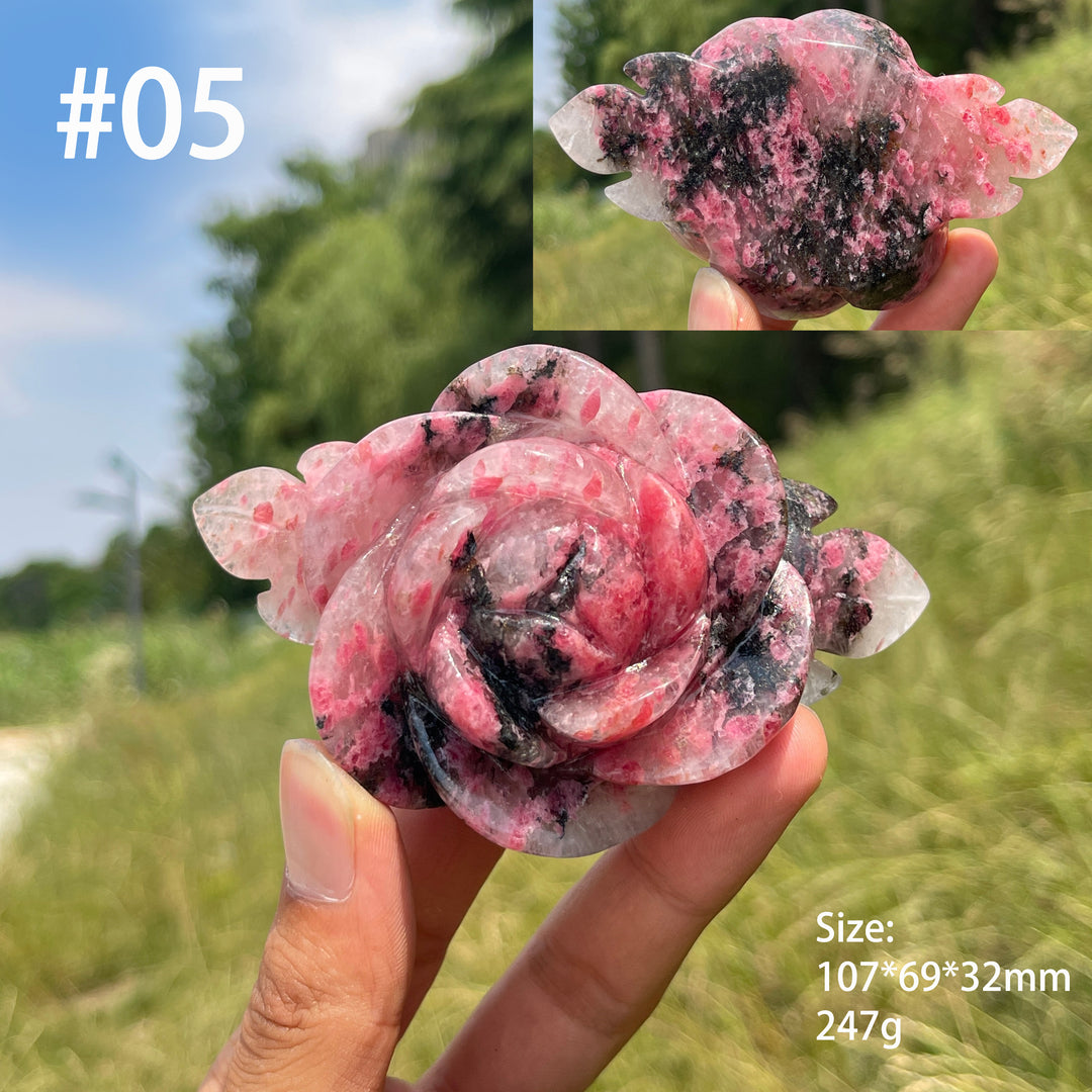 Unique,Natural Rhodonite In Quartz Peony Blossom Carving