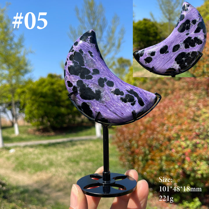 Unique,Natural Charoite Carved Moon With Stand