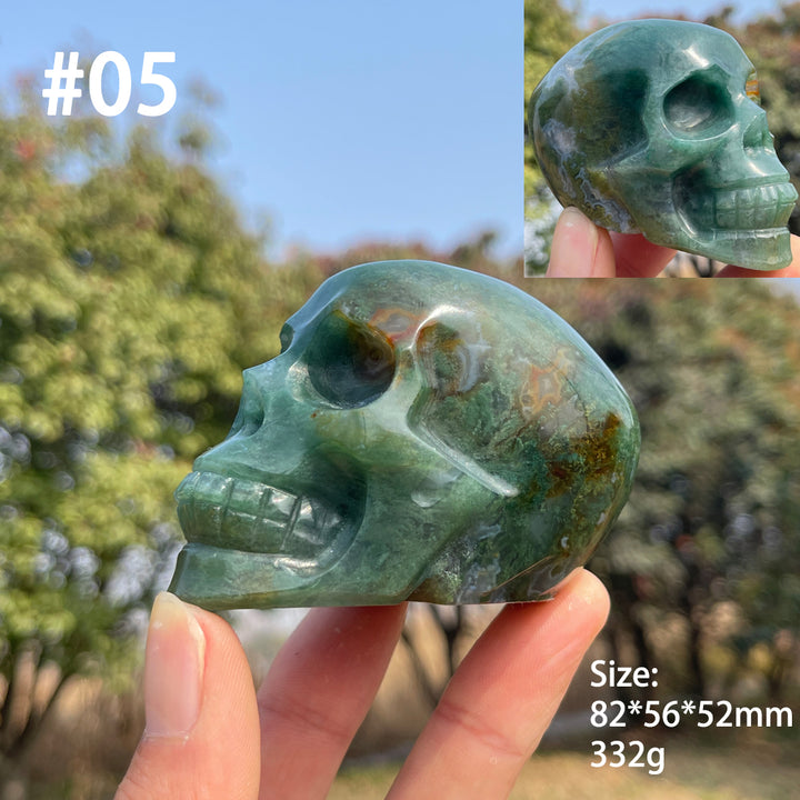 Unique,Natural Crystal Carving Moss Agate Skull