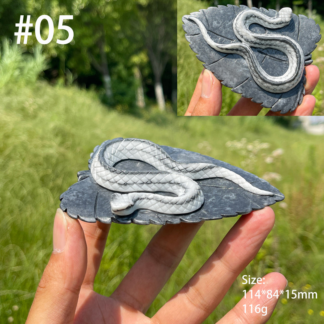 Unique, Natural TaiJi Stone Snake On Leaf Carving