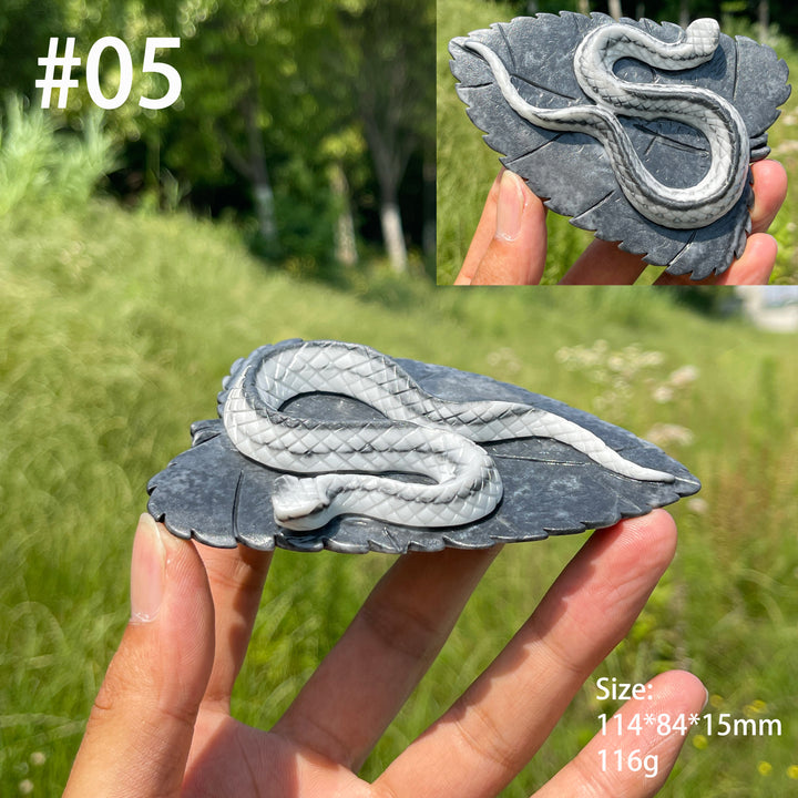 Unique, Natural TaiJi Stone Snake On Leaf Carving